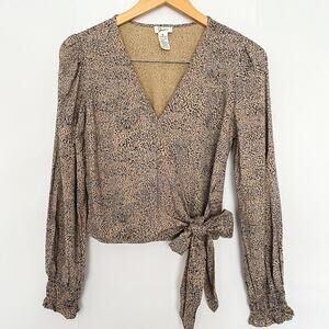 Japna Faux Wrap Animal Print Top Cropped Long Sleeves Tie Waist Smock Size Small